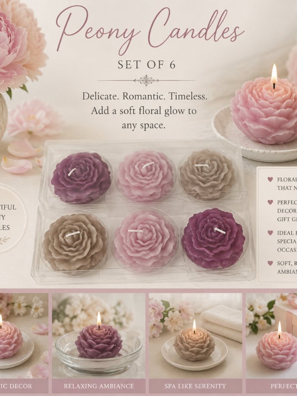 6 peony candles